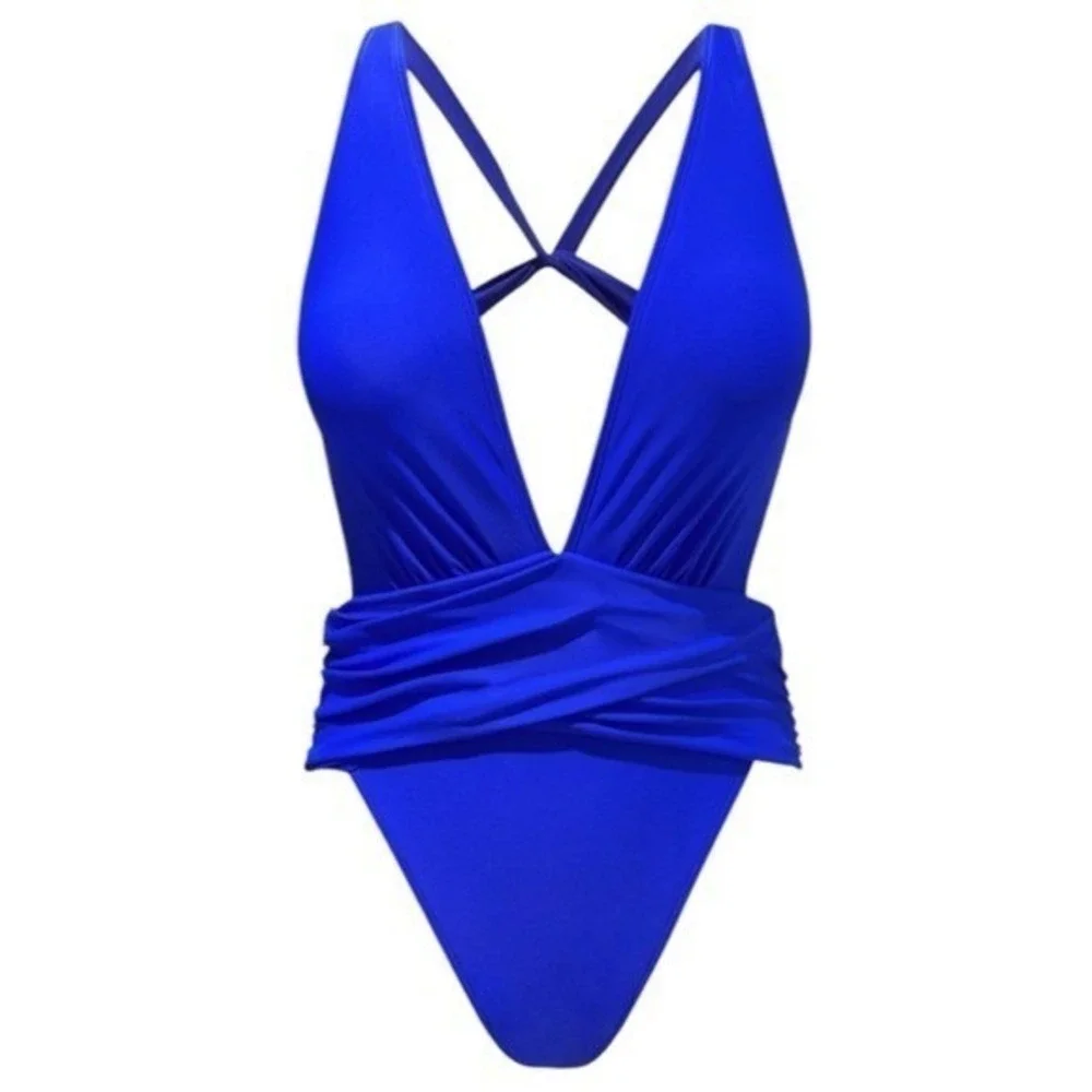NEW Cupshe Plunge Neck High Leg One Piece Swimsuit Tropical Resort Coastal S